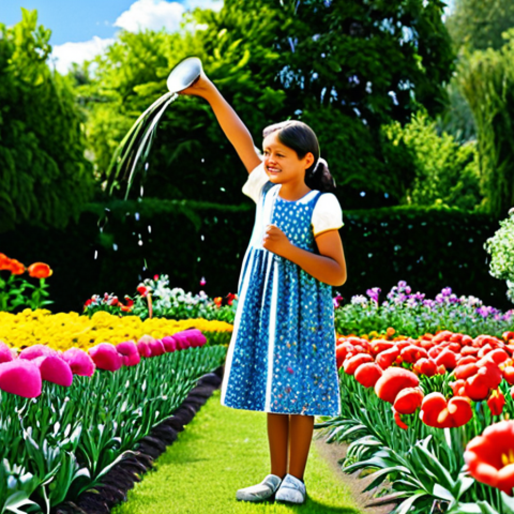 "El Jardín de las Palabras" (The Garden of Words)**

"A vibrant, colorful garden filled with blooming flowers, each flower representing a word. A young girl, fully clothed in a modest floral dress, is watering the flowers with a watering can that has the word 'Inspiración' (Inspiration) written on it. The background is a sunny, cheerful sky. Safe for work, appropriate content, family-friendly, perfect anatomy, correct proportions, natural pose, well-formed hands, proper finger count, professional photography, high quality."

**
