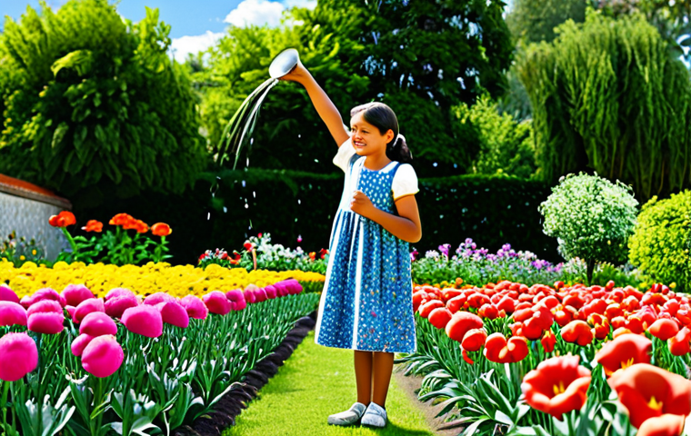 "El Jardín de las Palabras" (The Garden of Words)**

"A vibrant, colorful garden filled with blooming flowers, each flower representing a word. A young girl, fully clothed in a modest floral dress, is watering the flowers with a watering can that has the word 'Inspiración' (Inspiration) written on it. The background is a sunny, cheerful sky. Safe for work, appropriate content, family-friendly, perfect anatomy, correct proportions, natural pose, well-formed hands, proper finger count, professional photography, high quality."

**