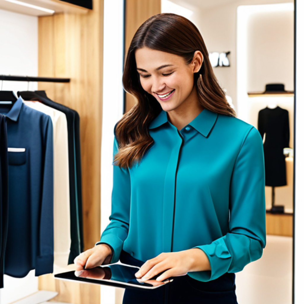 Personalized Shopping Experience**

"A brightly lit modern clothing store. A friendly sales associate uses a tablet to show a customer, fully clothed in stylish, modest attire, personalized outfit recommendations. The store is clean, well-organized, and inviting. Appropriate content, safe for work, professional setting, perfect anatomy, well-formed hands, natural pose. High quality digital art."

**