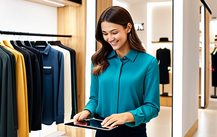 Personalized Shopping Experience**
"A brightly lit modern clothing store. A friendly sales associate uses a tablet to show a customer, fully clothed in stylish, modest attire, personalized outfit recommendations. The store is clean, well-organized, and inviting. Appropriate content, safe for work, professional setting, perfect anatomy, well-formed hands, natural pose. High quality digital art."
**