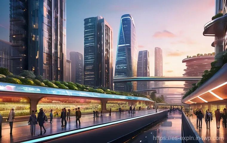 유추의 적용  다양한 산업에서 - **A Bustling, Futuristic Smart City at Sunset**
    A vibrant, wide-angle shot of a futuristic smart...
