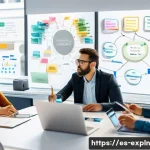 Home 19 유추를 통한 개념 모델링 기술 - A professional workspace scene illustrating the conceptual modeling process: a diverse team of Spani...