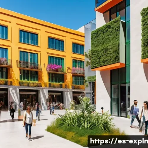 Home 17 유추의 원리를 통한 창의적 사고 개발 - A vibrant urban scene in a modern Spanish city plaza during daytime, showing diverse groups of peopl...