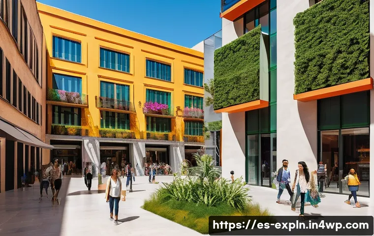 유추의 원리를 통한 창의적 사고 개발 - A vibrant urban scene in a modern Spanish city plaza during daytime, showing diverse groups of peopl...