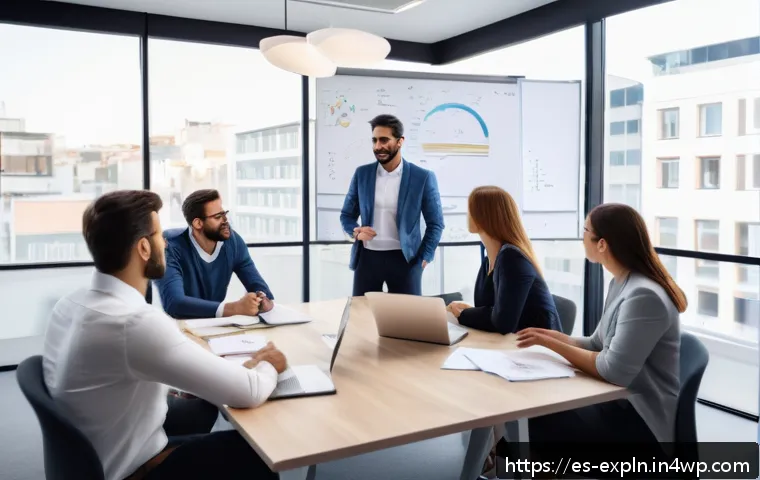 유추를 통한 정보 전달의 효과 - A warm, inviting office meeting room in a modern Spanish workplace setting, with diverse professiona...